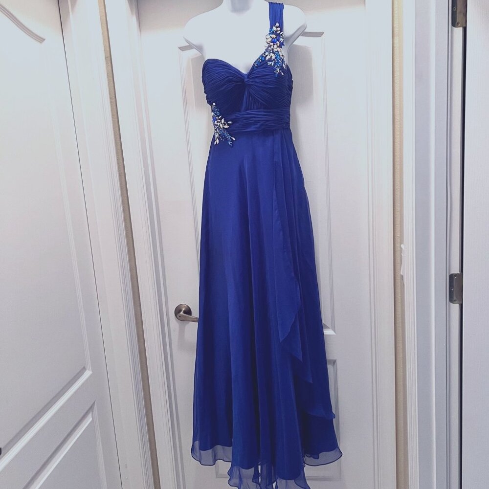 Temptation Electric Blue/Iridescent 1 Shoulder-Embellished Rhinestone Dress-Sz 8